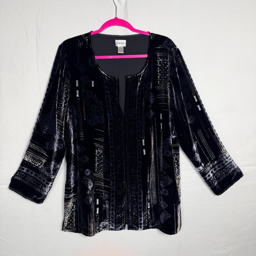 Chico's Black Burnt Out Velvet Whimsygoth Top Geometric Pattern Size 2 Large